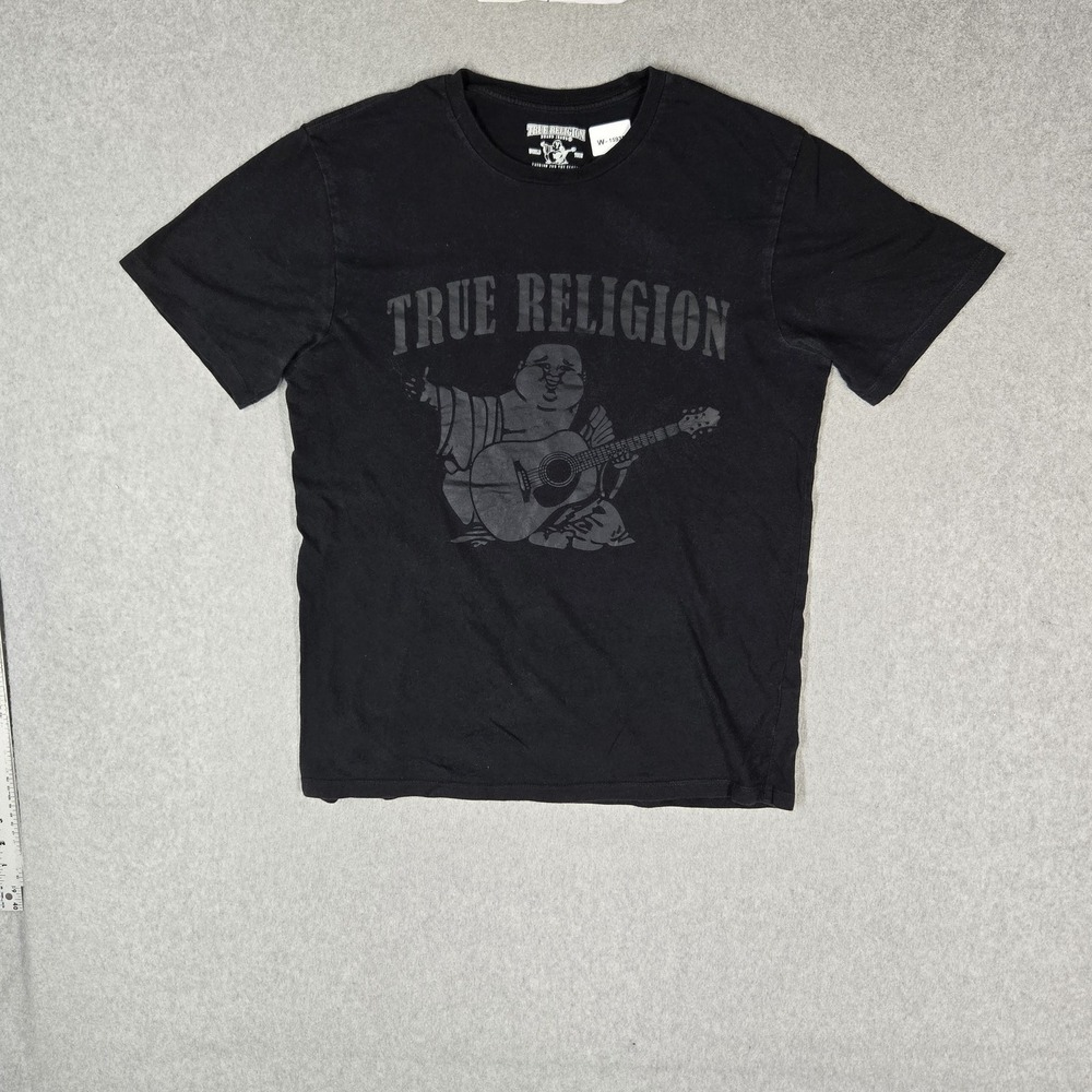 True Religion Men Shirt M/M Black Graphic Buddha Guitar Band Tee Grunge Logo